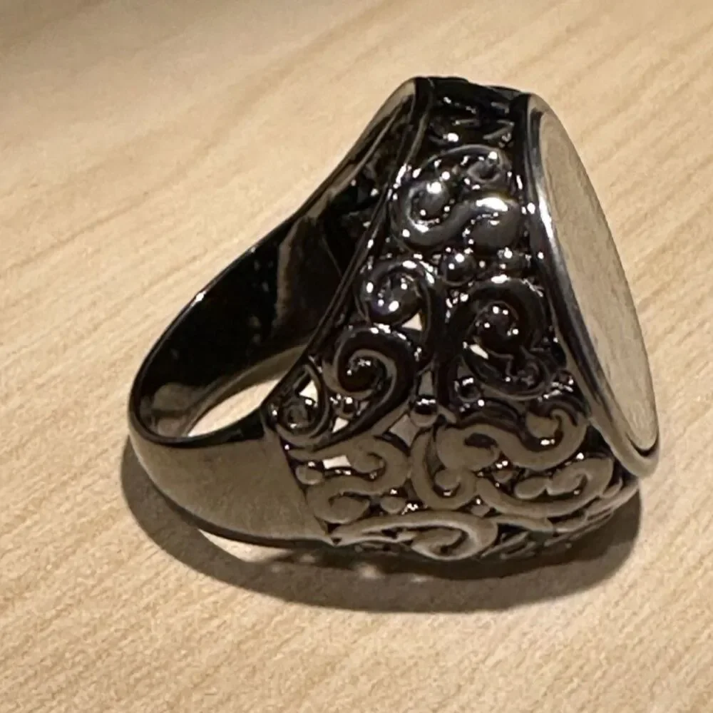 Italian Lira Coin Ring Filigree Scroll Stainless Steel Signet Size 10